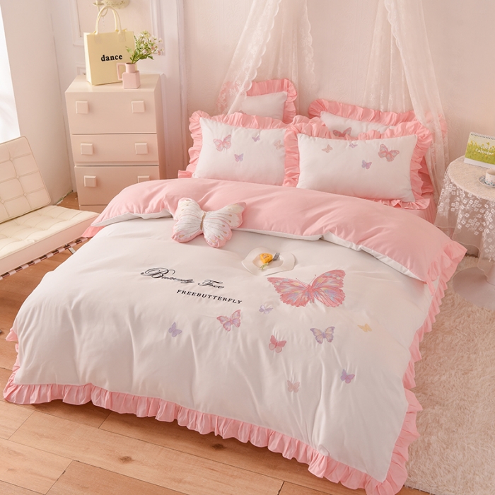 91家纺网 家纺一手货源 找家纺 欧冠 2023新款秋冬保暖云锦棉刺绣花边羽蝶系列四件套 羽蝶-白玉