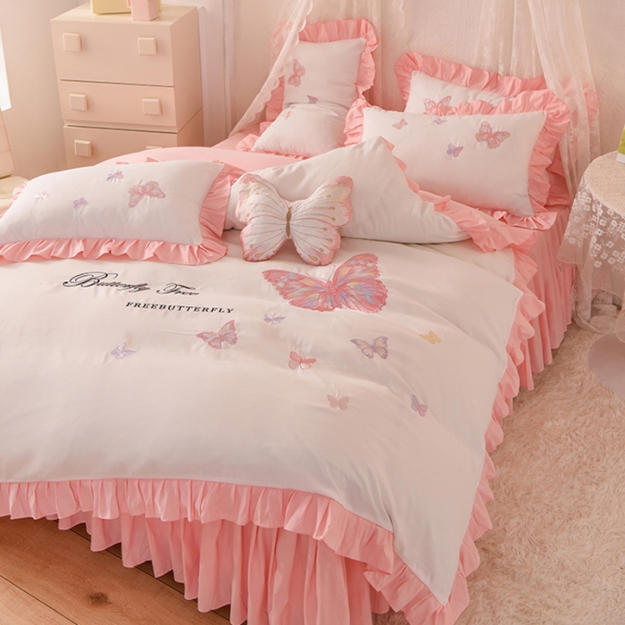 91家纺网 家纺一手货源 找家纺 欧冠 2023新款秋冬保暖云锦棉刺绣花边羽蝶系列四件套 羽蝶-白玉