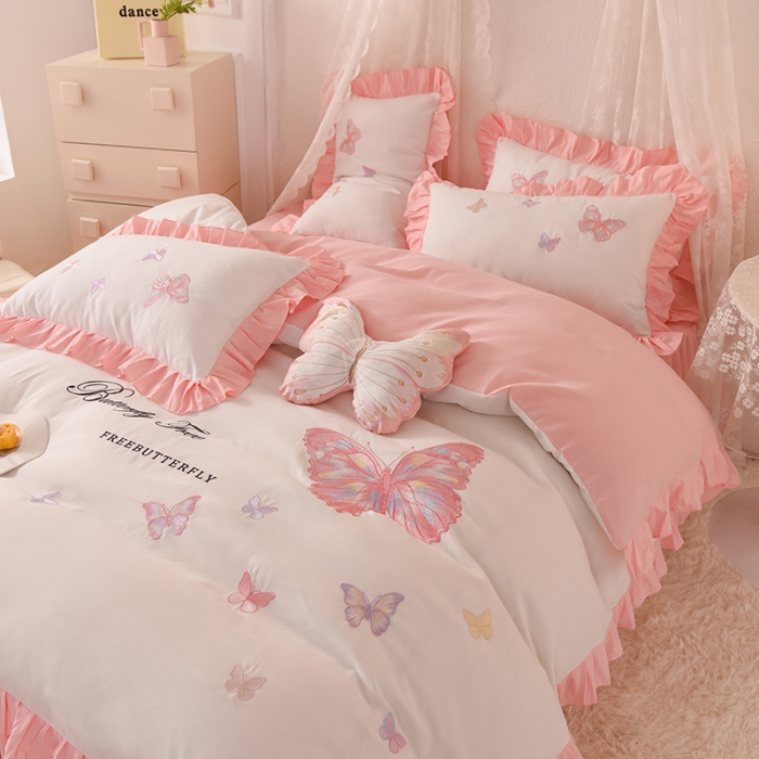 91家纺网 家纺一手货源 找家纺 欧冠 2023新款秋冬保暖云锦棉刺绣花边羽蝶系列四件套 羽蝶-白玉