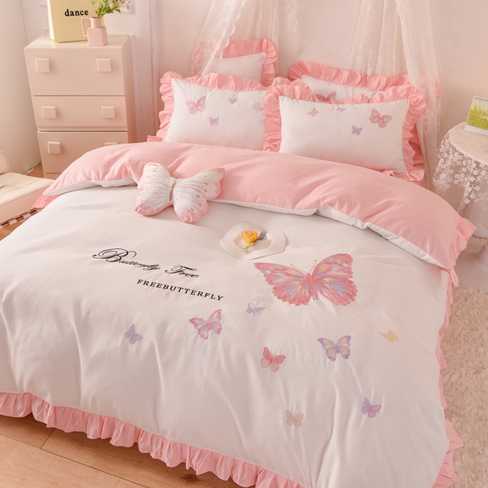 91家纺网 家纺一手货源 找家纺 欧冠 2023新款秋冬保暖云锦棉刺绣花边羽蝶系列四件套 羽蝶-白玉