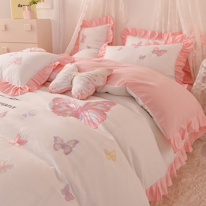 91家纺网 家纺一手货源 找家纺 欧冠 2023新款秋冬保暖云锦棉刺绣花边羽蝶系列四件套 羽蝶-白玉