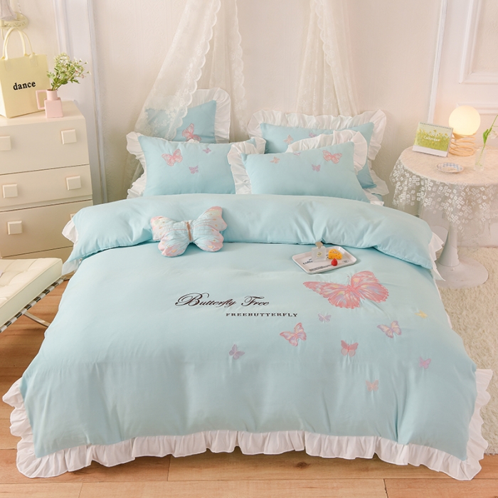 91家纺网 家纺一手货源 找家纺 欧冠 2023新款秋冬保暖云锦棉刺绣花边羽蝶系列四件套 羽蝶-碧绿