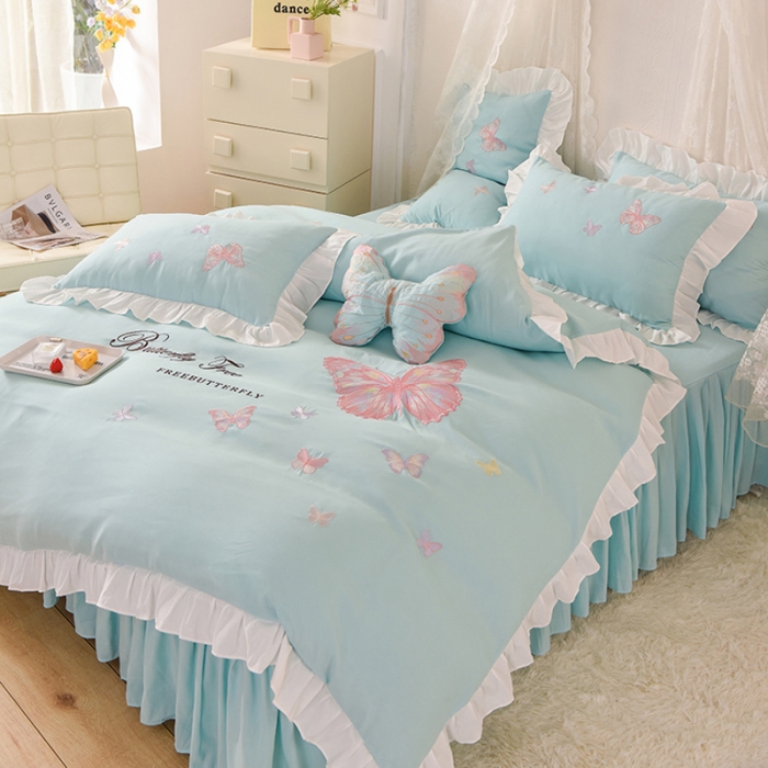 91家纺网 家纺一手货源 找家纺 欧冠 2023新款秋冬保暖云锦棉刺绣花边羽蝶系列四件套 羽蝶-碧绿