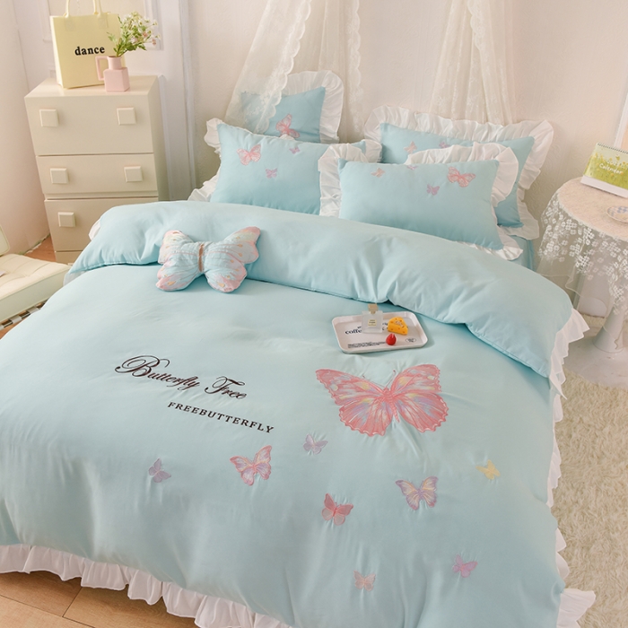 91家纺网 家纺一手货源 找家纺 欧冠 2023新款秋冬保暖云锦棉刺绣花边羽蝶系列四件套 羽蝶-碧绿