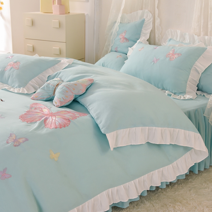 91家纺网 家纺一手货源 找家纺 欧冠 2023新款秋冬保暖云锦棉刺绣花边羽蝶系列四件套 羽蝶-碧绿