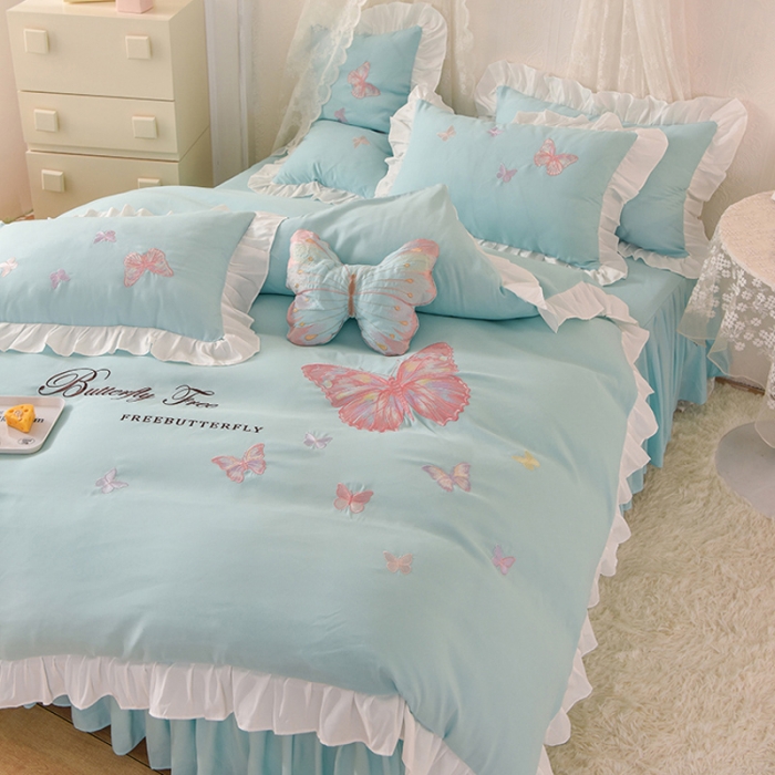 91家纺网 家纺一手货源 找家纺 欧冠 2023新款秋冬保暖云锦棉刺绣花边羽蝶系列四件套 羽蝶-碧绿