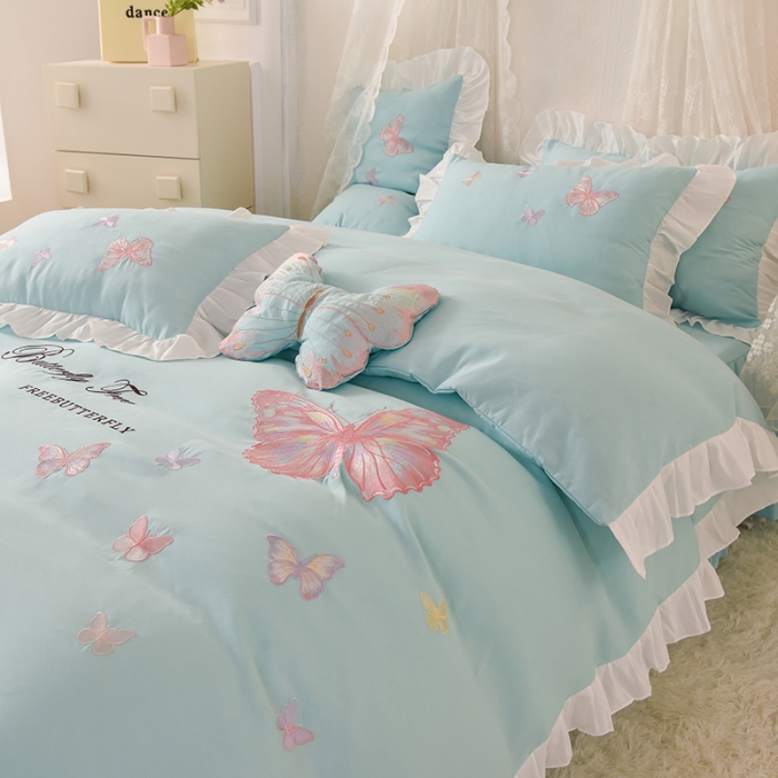 91家纺网 家纺一手货源 找家纺 欧冠 2023新款秋冬保暖云锦棉刺绣花边羽蝶系列四件套 羽蝶-碧绿