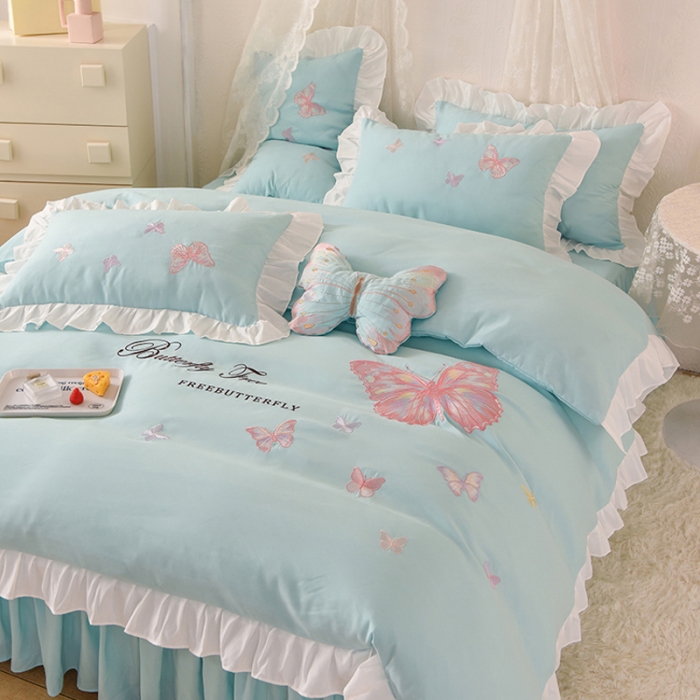 91家纺网 家纺一手货源 找家纺 欧冠 2023新款秋冬保暖云锦棉刺绣花边羽蝶系列四件套 羽蝶-碧绿