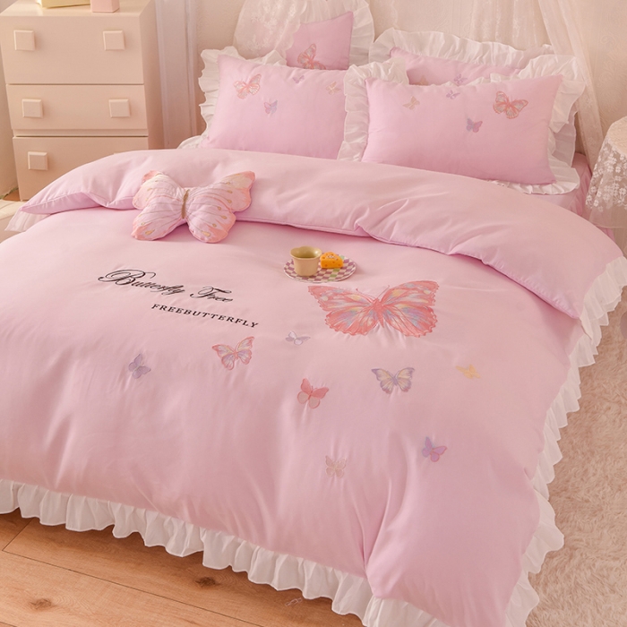 91家纺网 家纺一手货源 找家纺 欧冠 2023新款秋冬保暖云锦棉刺绣花边羽蝶系列四件套 羽蝶-粉色