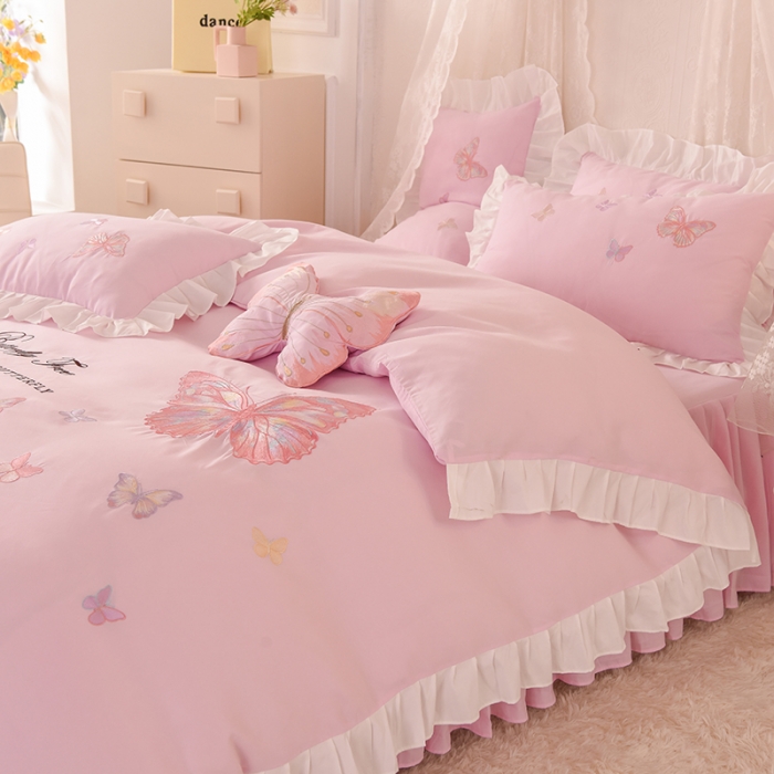 91家纺网 家纺一手货源 找家纺 欧冠 2023新款秋冬保暖云锦棉刺绣花边羽蝶系列四件套 羽蝶-粉色