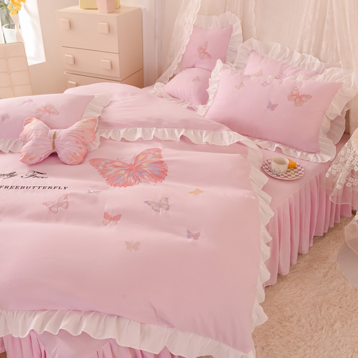 91家纺网 家纺一手货源 找家纺 欧冠 2023新款秋冬保暖云锦棉刺绣花边羽蝶系列四件套 羽蝶-粉色