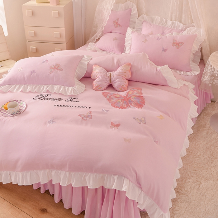 91家纺网 家纺一手货源 找家纺 欧冠 2023新款秋冬保暖云锦棉刺绣花边羽蝶系列四件套 羽蝶-粉色