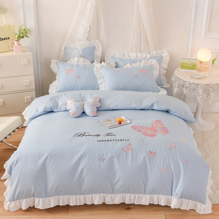 91家纺网 家纺一手货源 找家纺 欧冠 2023新款秋冬保暖云锦棉刺绣花边羽蝶系列四件套 羽蝶-慕蓝