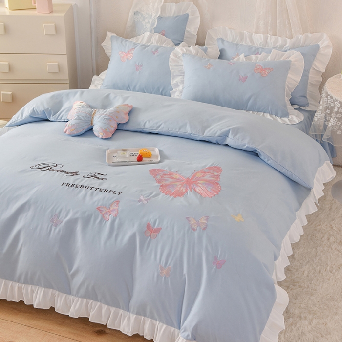 91家纺网 家纺一手货源 找家纺 欧冠 2023新款秋冬保暖云锦棉刺绣花边羽蝶系列四件套 羽蝶-慕蓝