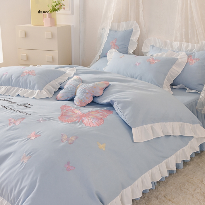 91家纺网 家纺一手货源 找家纺 欧冠 2023新款秋冬保暖云锦棉刺绣花边羽蝶系列四件套 羽蝶-慕蓝