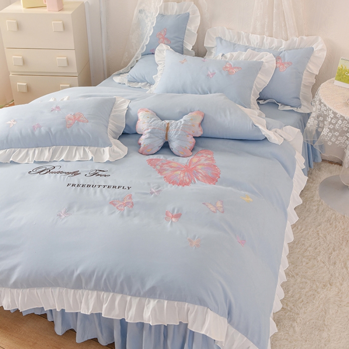 91家纺网 家纺一手货源 找家纺 欧冠 2023新款秋冬保暖云锦棉刺绣花边羽蝶系列四件套 羽蝶-慕蓝