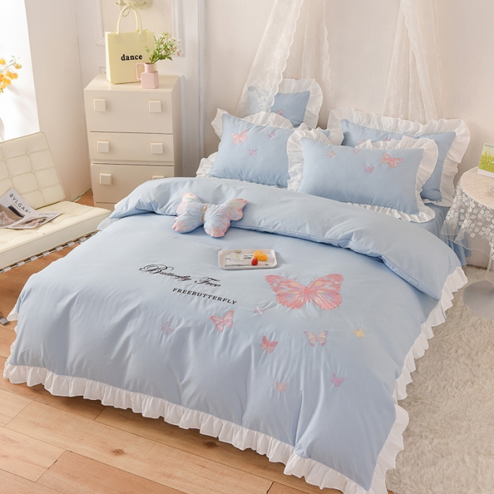 91家纺网 家纺一手货源 找家纺 欧冠 2023新款秋冬保暖云锦棉刺绣花边羽蝶系列四件套 羽蝶-慕蓝