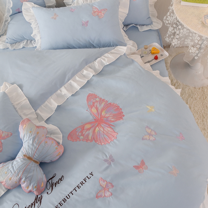 91家纺网 家纺一手货源 找家纺 欧冠 2023新款秋冬保暖云锦棉刺绣花边羽蝶系列四件套 羽蝶-慕蓝