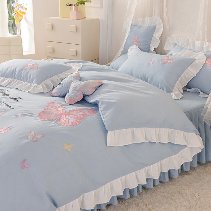 91家纺网 家纺一手货源 找家纺 欧冠 2023新款秋冬保暖云锦棉刺绣花边羽蝶系列四件套 羽蝶-慕蓝