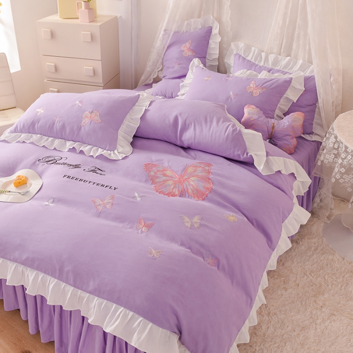 91家纺网 家纺一手货源 找家纺 欧冠 2023新款秋冬保暖云锦棉刺绣花边羽蝶系列四件套 羽蝶-紫色