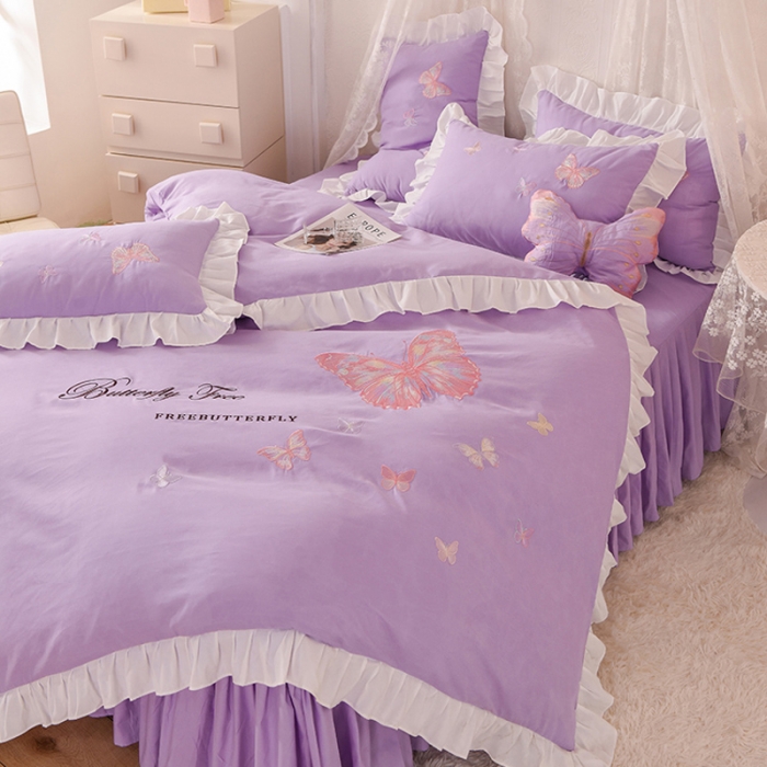 91家纺网 家纺一手货源 找家纺 欧冠 2023新款秋冬保暖云锦棉刺绣花边羽蝶系列四件套 羽蝶-紫色