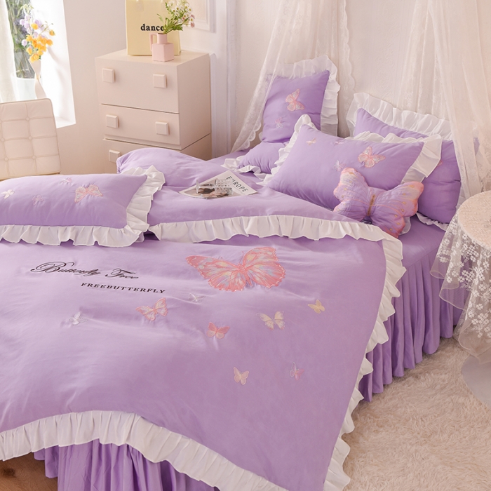 91家纺网 家纺一手货源 找家纺 欧冠 2023新款秋冬保暖云锦棉刺绣花边羽蝶系列四件套 羽蝶-紫色