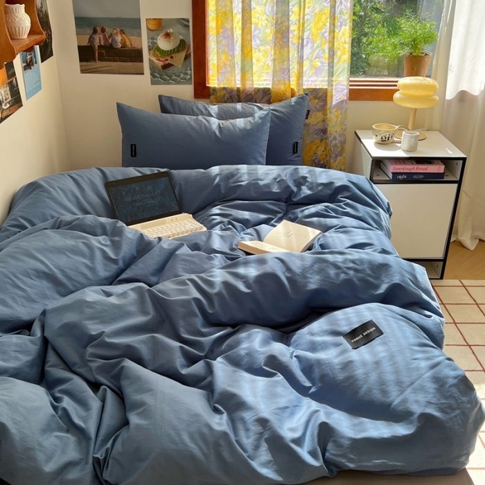 91家纺网 家纺一手货源 找家纺 百亿莱 2024新款全棉无印风水洗棉学生宿舍三件套四件套 格调蓝+摩卡灰