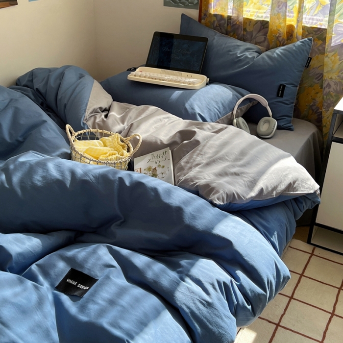 91家纺网 家纺一手货源 找家纺 百亿莱 2024新款全棉无印风水洗棉学生宿舍三件套四件套 格调蓝+摩卡灰
