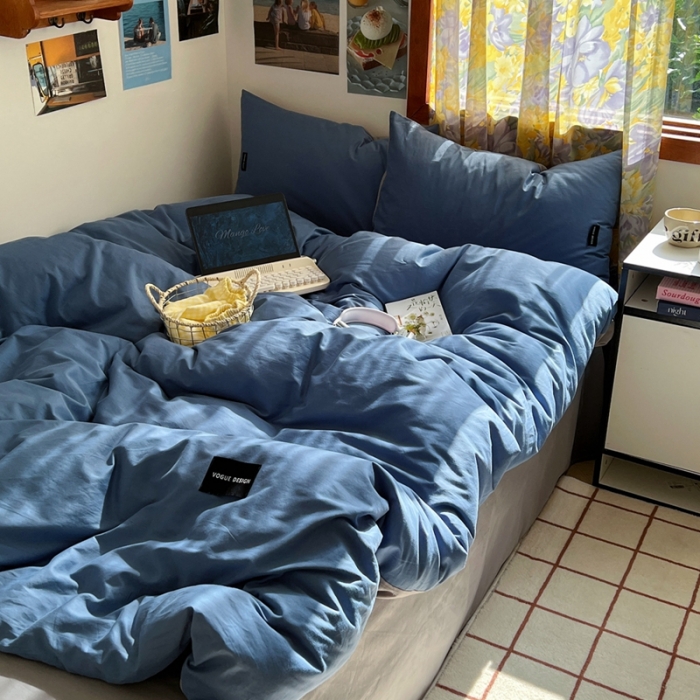 91家纺网 家纺一手货源 找家纺 百亿莱 2024新款全棉无印风水洗棉学生宿舍三件套四件套 格调蓝+摩卡灰
