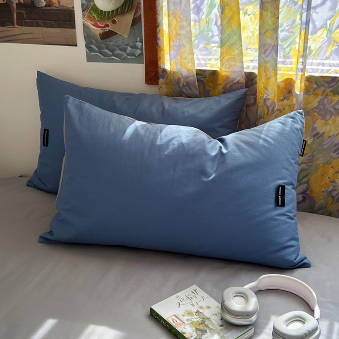 91家纺网 家纺一手货源 找家纺 百亿莱 2024新款全棉无印风水洗棉学生宿舍三件套四件套 格调蓝+摩卡灰