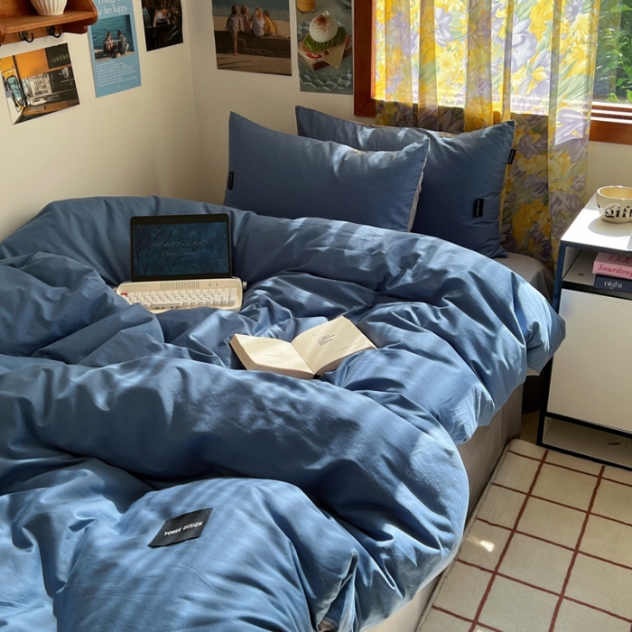 91家纺网 家纺一手货源 找家纺 百亿莱 2024新款全棉无印风水洗棉学生宿舍三件套四件套 格调蓝+摩卡灰
