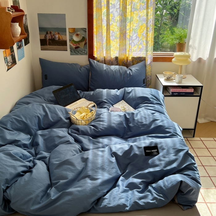 91家纺网 家纺一手货源 找家纺 百亿莱 2024新款全棉无印风水洗棉学生宿舍三件套四件套 格调蓝+摩卡灰