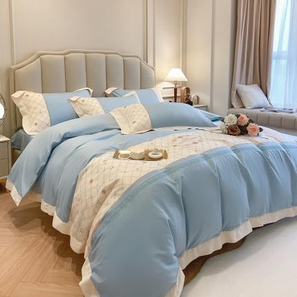 91家纺网 家纺一手货源 找家纺 欧冠 2023秋冬保暖60S全棉刺绣拼接菲曼系列四件套 菲曼-纯净蓝