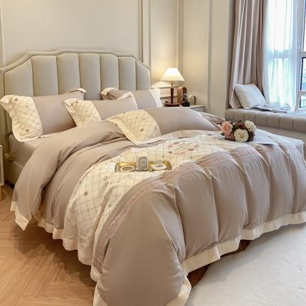 91家纺网 家纺一手货源 找家纺 欧冠 2023秋冬保暖60S全棉刺绣拼接菲曼系列四件套 菲曼-奶咖色