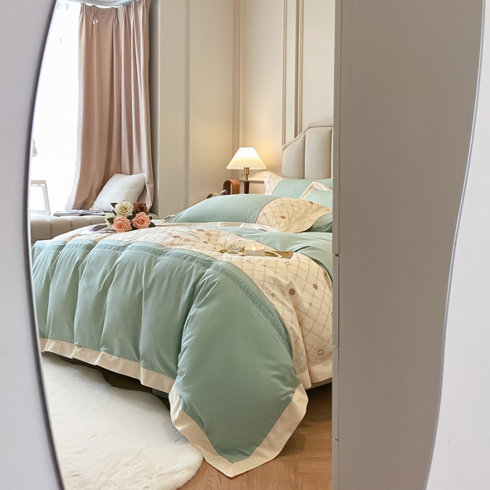 91家纺网 家纺一手货源 找家纺 （总）欧冠 2023秋冬保暖60S全棉刺绣拼接菲曼系列四件套