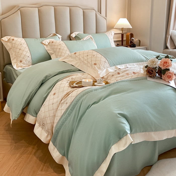 91家纺网 家纺一手货源 找家纺 （总）欧冠 2023秋冬保暖60S全棉刺绣拼接菲曼系列四件套