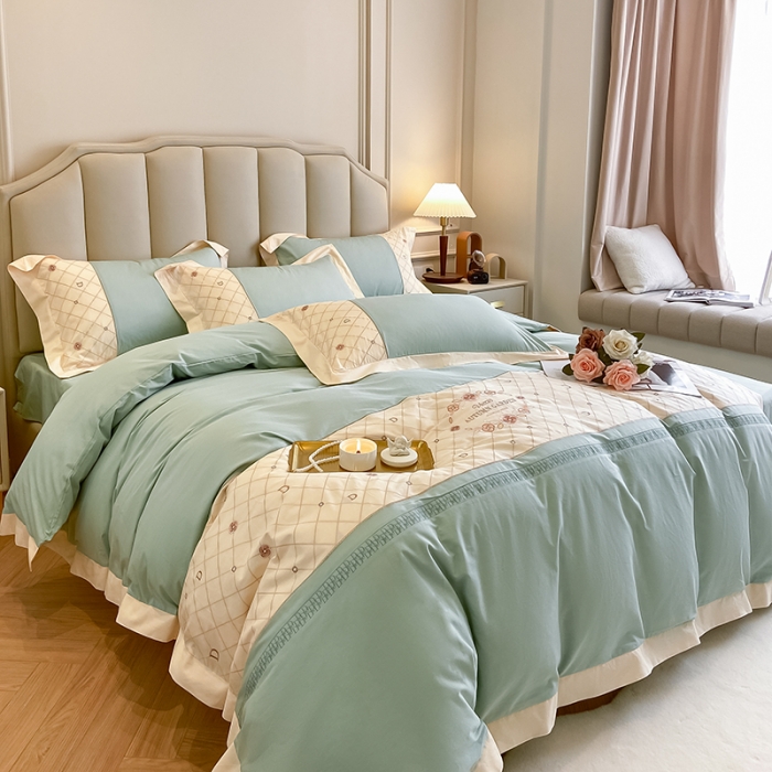 91家纺网 家纺一手货源 找家纺 欧冠 2023秋冬保暖60S全棉刺绣拼接菲曼系列四件套 菲曼-薄荷绿