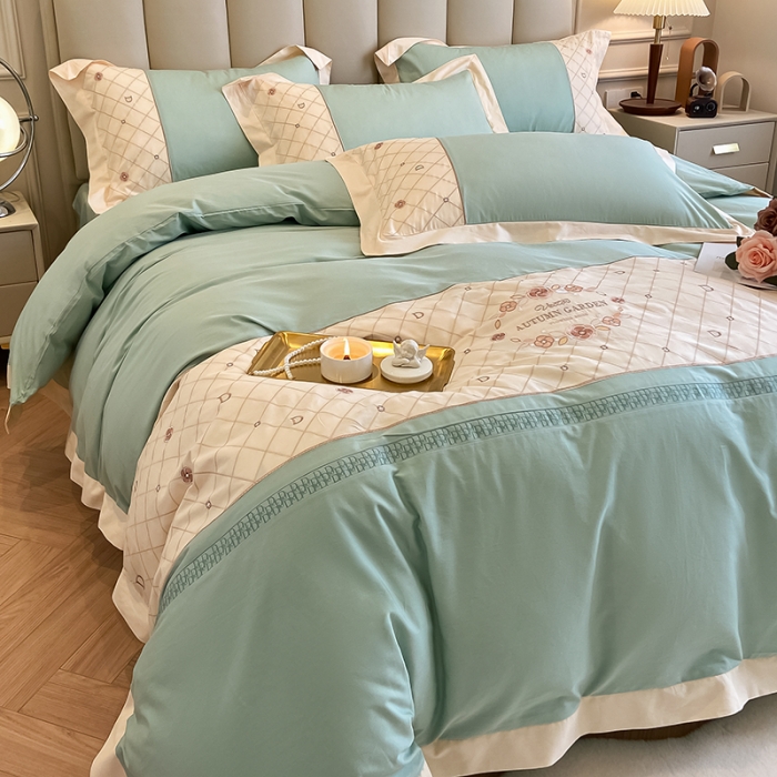 91家纺网 家纺一手货源 找家纺 欧冠 2023秋冬保暖60S全棉刺绣拼接菲曼系列四件套 菲曼-薄荷绿