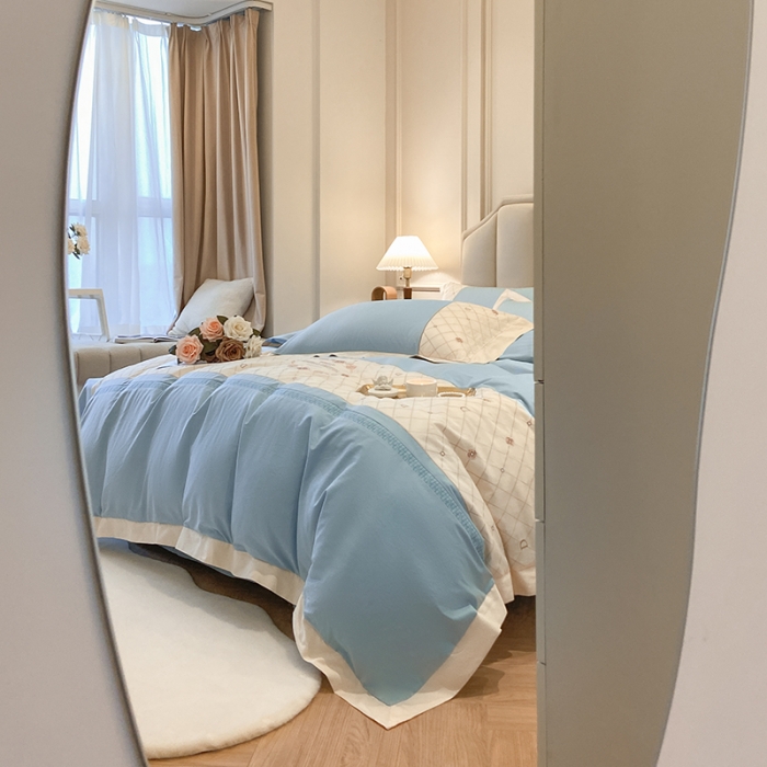 91家纺网 家纺一手货源 找家纺 欧冠 2023秋冬保暖60S全棉刺绣拼接菲曼系列四件套 菲曼-纯净蓝