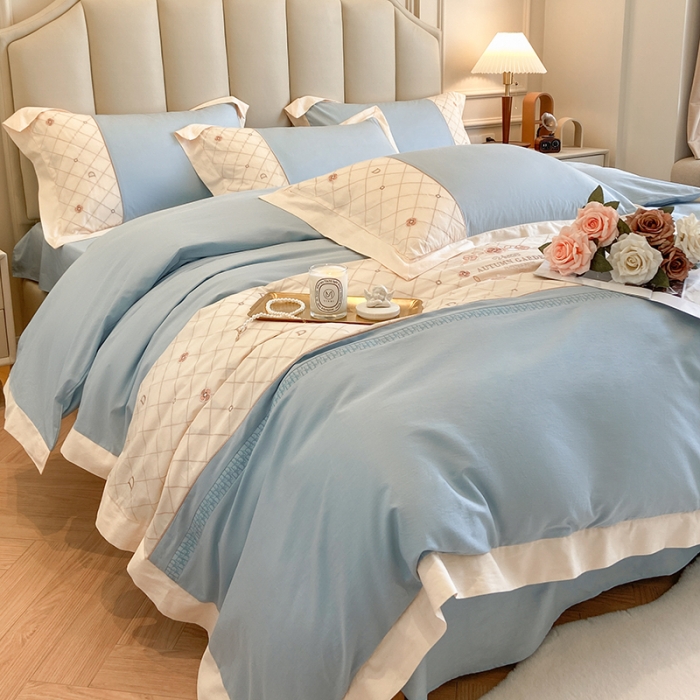 91家纺网 家纺一手货源 找家纺 欧冠 2023秋冬保暖60S全棉刺绣拼接菲曼系列四件套 菲曼-纯净蓝