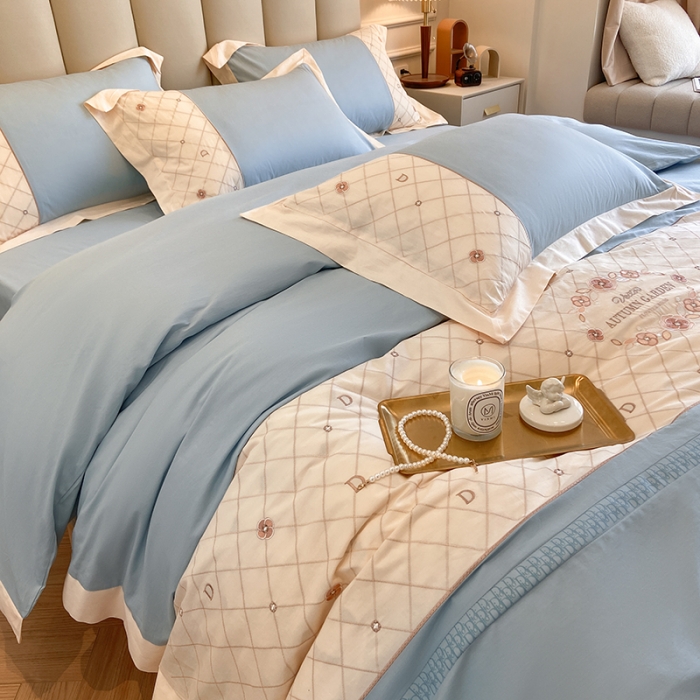 91家纺网 家纺一手货源 找家纺 欧冠 2023秋冬保暖60S全棉刺绣拼接菲曼系列四件套 菲曼-纯净蓝