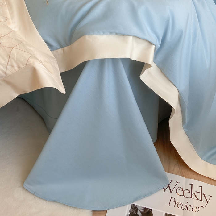 91家纺网 家纺一手货源 找家纺 欧冠 2023秋冬保暖60S全棉刺绣拼接菲曼系列四件套 菲曼-纯净蓝