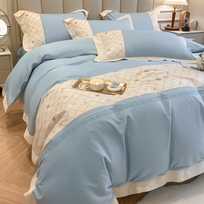 91家纺网 家纺一手货源 找家纺 欧冠 2023秋冬保暖60S全棉刺绣拼接菲曼系列四件套 菲曼-纯净蓝