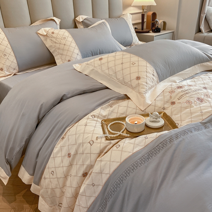 91家纺网 家纺一手货源 找家纺 欧冠 2023秋冬保暖60S全棉刺绣拼接菲曼系列四件套 菲曼-淡雅灰