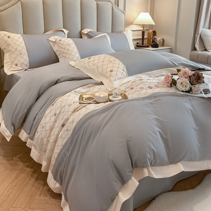 91家纺网 家纺一手货源 找家纺 欧冠 2023秋冬保暖60S全棉刺绣拼接菲曼系列四件套 菲曼-淡雅灰