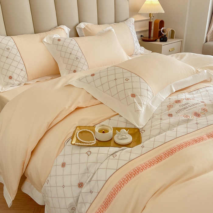 91家纺网 家纺一手货源 找家纺 欧冠 2023秋冬保暖60S全棉刺绣拼接菲曼系列四件套 菲曼-香槟