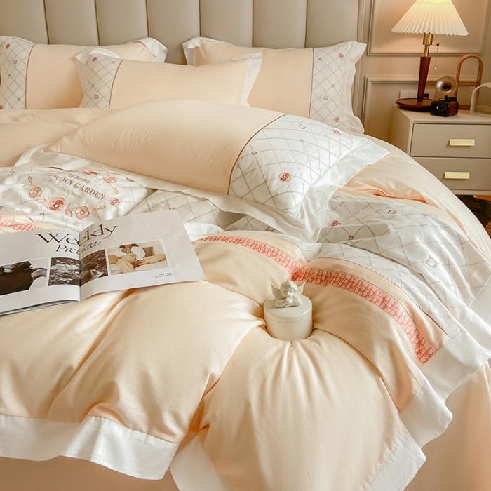 91家纺网 家纺一手货源 找家纺 欧冠 2023秋冬保暖60S全棉刺绣拼接菲曼系列四件套 菲曼-香槟