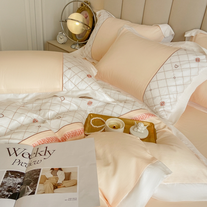 91家纺网 家纺一手货源 找家纺 欧冠 2023秋冬保暖60S全棉刺绣拼接菲曼系列四件套 菲曼-香槟