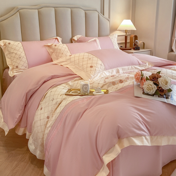 91家纺网 家纺一手货源 找家纺 欧冠 2023秋冬保暖60S全棉刺绣拼接菲曼系列四件套 菲曼-香芋紫