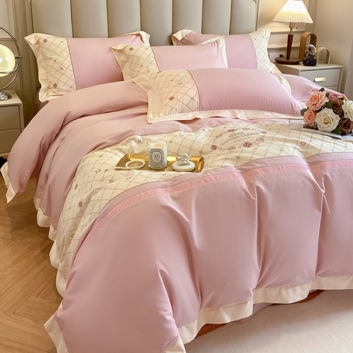 91家纺网 家纺一手货源 找家纺 欧冠 2023秋冬保暖60S全棉刺绣拼接菲曼系列四件套 菲曼-香芋紫